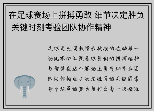 在足球赛场上拼搏勇敢 细节决定胜负 关键时刻考验团队协作精神